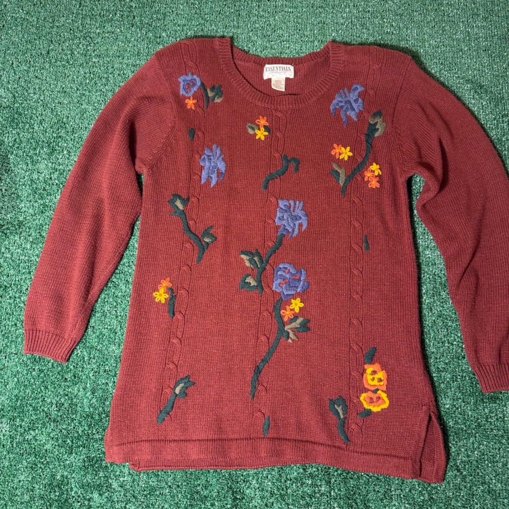 Essentials by Worthington Floral Embroidered Cable Knit Sweater Burgundy Small